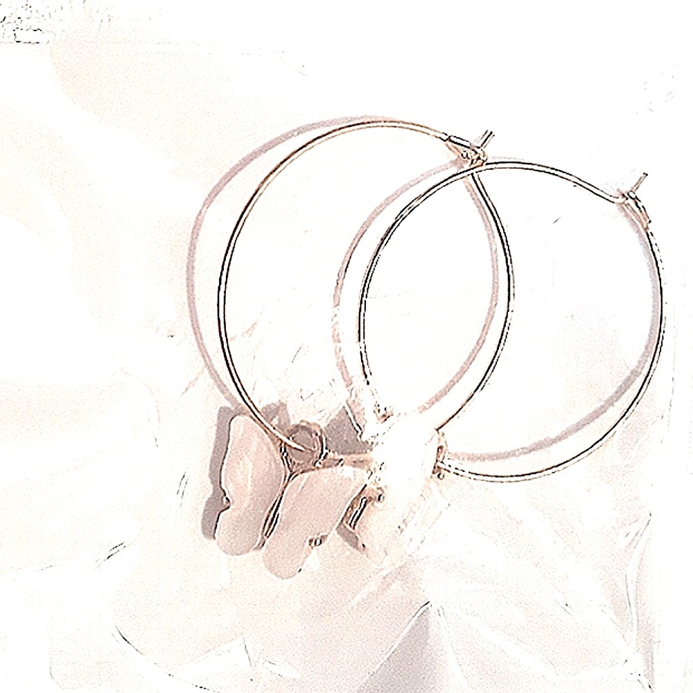 Gold Hoop Earrings with White Butterfly Charm mother of pearl front and go…